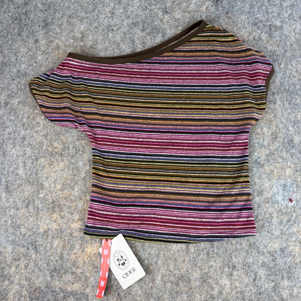 Cider One Shoulder Top Women M Multicolor Striped Asymmetrical Ribbed Crop Top